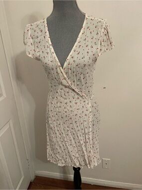 Brandy Melville Ivory Mini Dress with Red Floral Print. Size Small